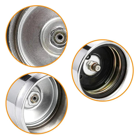 Beefed Up Trailer Wheel Bearing Protector Set 1.98 Inch Stainless Steel Bearing Protectors With Dust Cover Caps close-up view