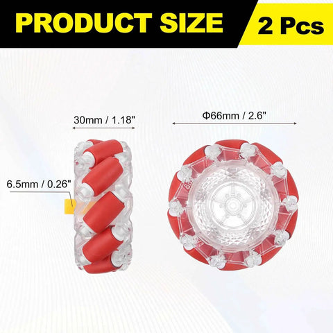 Product dimensions for Omnidirectional Mecanum Wheel Set For Smart Robot Cars With Hexagonal Universal Pins And Screws 66mm ABS Rubber Wheels