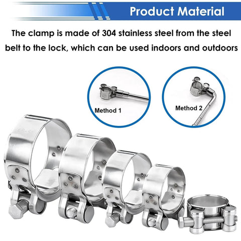 304 Stainless Steel T Bolt Hose Clamps Set 28 Piece Assortment Kit 17 To 35mm With Six Size Ranges displayed with socket wrenches