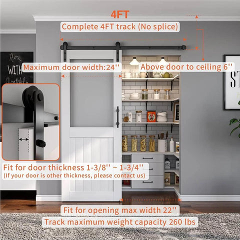 4 Ft Sliding Barn Door Hardware Kit For Single Door in installed position, black track system, low ceiling clearance, quiet operation.