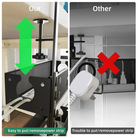 Comparative view of cable management trays showing easy screw-free installation and removable power strip support.