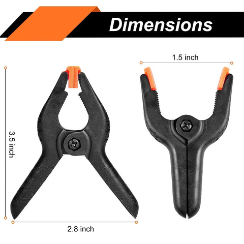 Heavy Duty 3.5-Inch Spring Clamps 20 Pack Pro Grade For Crafts Woodworking Backdrop Stand Photography, Durable Nylon With Fiberglass, 5 Pound Clamp Strength, Small Spring Clips For Studio Use Toresano, showing dimensions