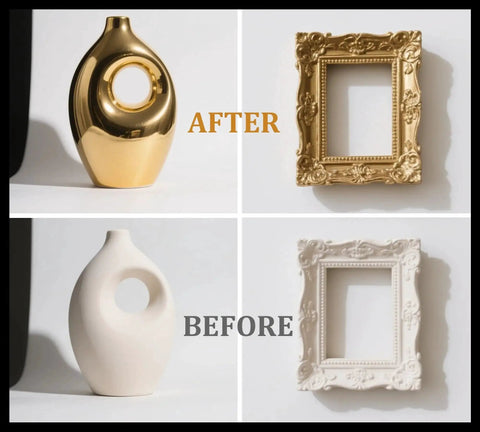 Before and after comparison of a vase and frame using All-In-One Gold Leaf Gilding Kit With 24K Gold Foil Sheets, showing gilded surfaces.