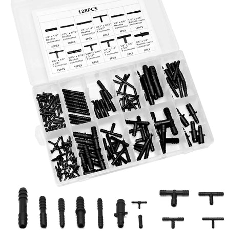 All In One Vacuum Hose Connector Kit for Automotive Tools, 128 Piece Nylon Tee And Barbed Quick Connect Fittings displayed