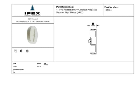 Diagram and side view of 4 Inch Flush Cleanout Plug For DWV Piping Systems Self Sealing Watertight Access No Gasket Required 140F 60C