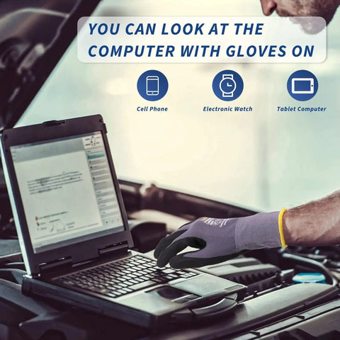 MicroFoam Nitrile Coated Work Gloves With Dot Grip For Dexterity 6 Pairs used while typing on a laptop