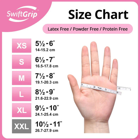 Size chart for Pink Nitrile Gloves 3 Mil Latex Free Powder Free for Cleaning 100 Count with hand measurement guide.