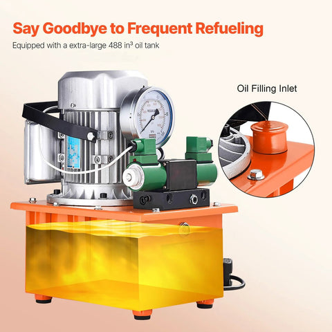 VEVOR 10000 PSI hydraulic electric pump with gauge and dual green valves on orange base with yellow oil tank