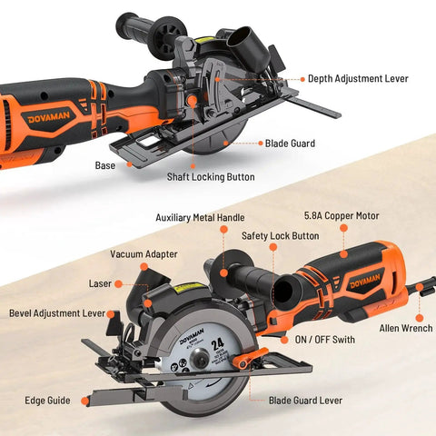 Beast Mode Circular Saw 5.8A With Laser Guide And Metal Handle Includes Six Blades For Wood Plastic Metal And Tile Deep Cut At Ninety Degrees One And Eleven Sixteenths Inch And At Forty Five Degrees One And Three Eighths Inch Model MCS01A.