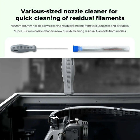 Various-sized nozzle cleaner in use; part of the All In One Must Have 74 Piece 3D Printer Tool Kit For All FDM Printers With Nozzle Cleaning Tools.