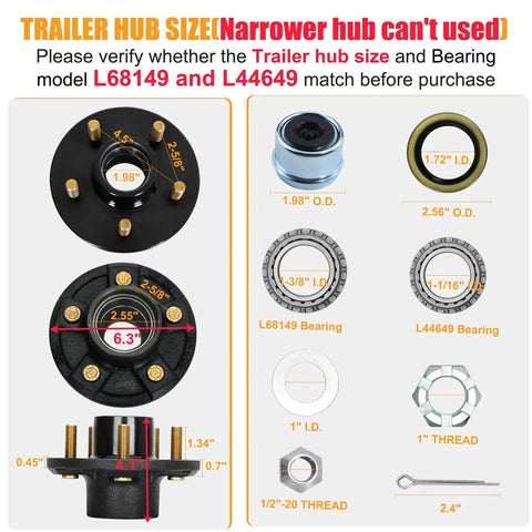 Diagram of trailer hub sizes and bearings for Trailer Hub Kit Five Bolt Four And A Half Inch 3500 Pound Capacity Fits One And One Sixteenth To One And Three Eighths Inch Tapered Spindle Five Lug Boat Trailer Hubs EZ Lube Axle Compatible With Dexter Al Ko Lippert Quality And Other Brands