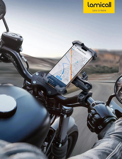 Rugged Motorcycle Phone Mount with Dual Vibration Dampener and Metal Adjustment Arm on handlebars holding a smartphone.