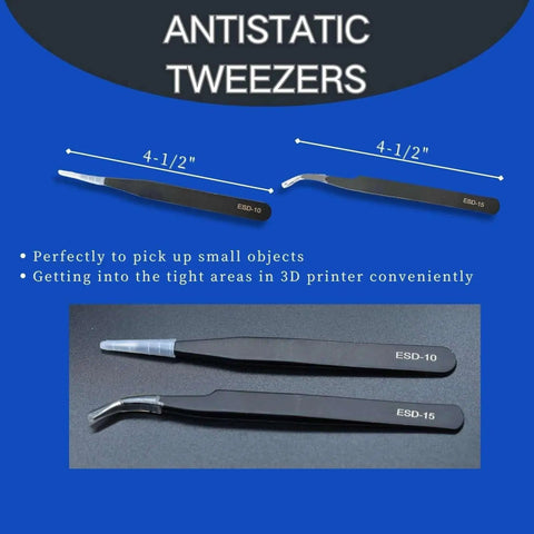 Antistatic tweezers from All In One 24 Piece 3D Printer Tool Kit For Cleaning Nozzles And Removing Jams, with measurements shown.