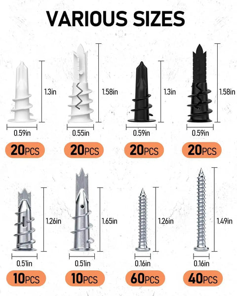 Various sizes of anchors and screws from All In One 200 Piece Drywall Anchors And Screws Kit Self Drilling With Case DIY Friendly Mounting