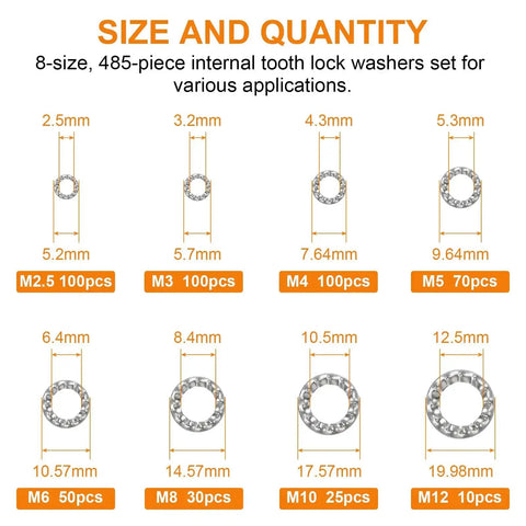 Size chart of Internal Tooth Star Lock Washers Kit 304 Stainless Steel Assortment With 485 Pieces In 8 Sizes M2.5 To M12 for fastening.