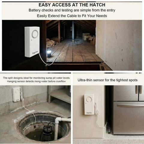 Water Leak Sensor Alarm in basement setup with cable showing usage for moisture detection.