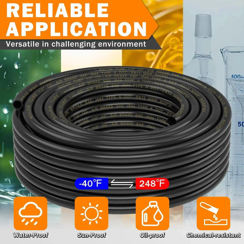 PA12 Nylon DOT Air Line One Half Inch OD Pneumatic Tubing, 100 Feet Long, SAE J844 Compliant, black coil, temperature resistant