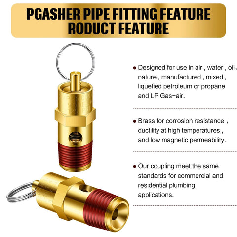 Front view of two brass 1/4 in NPT pressure relief valves with red threaded bodies for air compressors