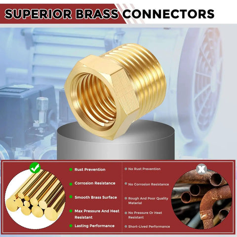 Solid Brass NPT Reducer Hose Fittings Adapter 3/8 Male To 1/4 Female Pipe Thread Connector for Leak Repair, corrosion resistant.