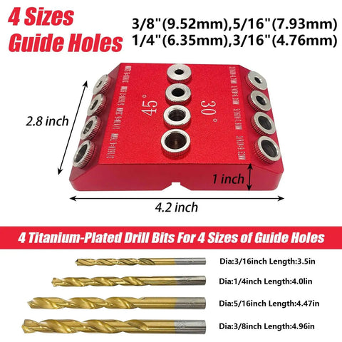 30 45 90 Degree Drill Guide Jig With Four Drill Bits For Angled Or Straight Holes Four Size Aluminum Drill Hole Guide Jig Drill Template Block For Cable Railing Deck Stair Handrail, showing red aluminum block with guide holes and drill bits