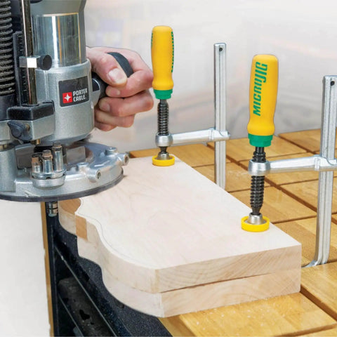 MatchFit Dovetail Clamps for Woodworking Track System Tools 2 Pack Yellow Green Pro Grade clamping a wooden board