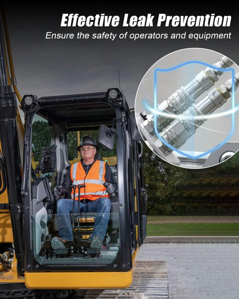 3/8 inch flat-face hydraulic quick-connect couplers with dust caps, ISO 16028, 1/2 inch NPT, inset near excavator operator