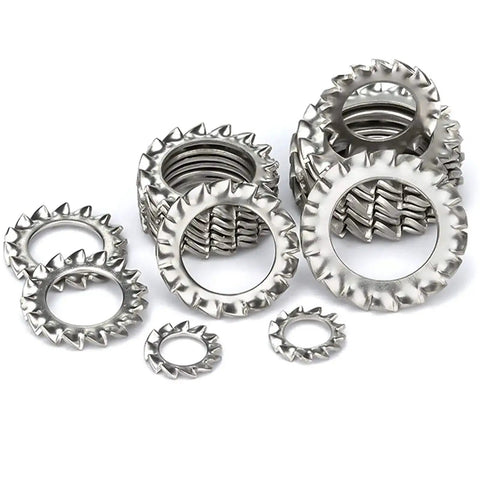 M10 External Tooth Serrated Lock Washer Made From 304 Stainless Steel 50 Pieces stacked showing serrated design