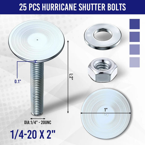 25-piece hurricane shutter bolts set: 1/4-20 x 2 in galvanized steel flat-head bolts with nuts and flat washers, silver.