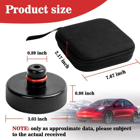 Product size details of Tesla Jack Pad Set 4 Pack Lifting Pucks For Models 3 Y X S Rubber Non Slip with case.