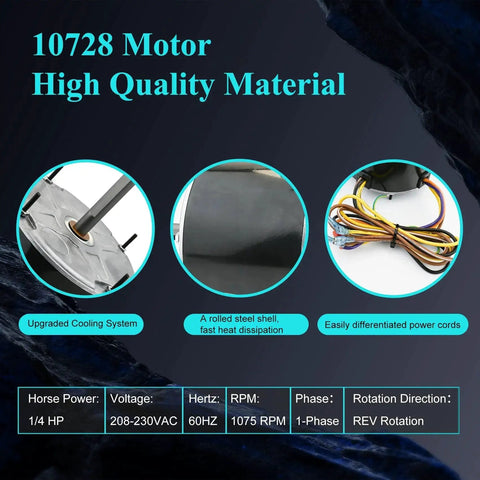 Condenser Fan Motor Replacement 10728 with cooling system, steel shell, 1/4 HP, 1075 RPM, 208-230V, REV rotation.