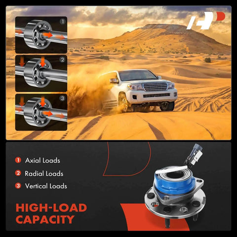 Front wheel hub bearing assembly with ABS sensor 5-lug capacity features in desert terrain conditions with radial and axial load capabilities