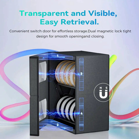 Dual Tier Filament Storage Box For 3D Printers With Magnetic Closure, shown open with filament rolls, keeping them dry and moisture-proof.