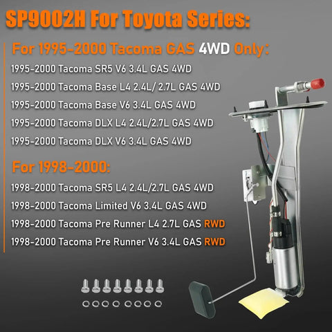Toyota Tacoma Fuel Pump Assembly With Sending Unit SP9002H for 1995-2000 models, visible parts and specifications shown