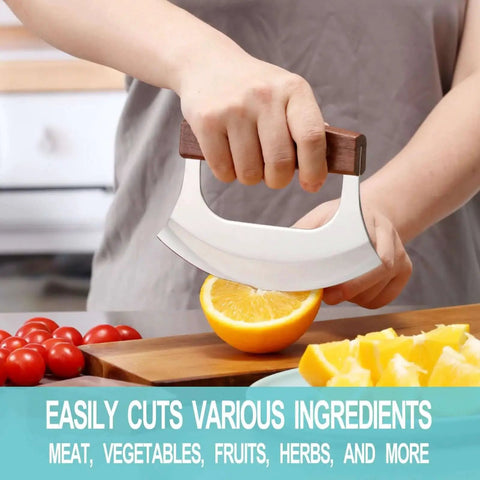 Go To Ulu Knife Rocker With Stand For Pizza Meat Veggies And Herbs Salad Stainless Steel Blade Walnut Wood Handle chopping lemon