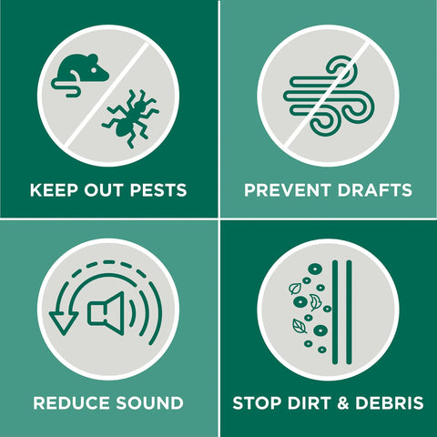 M-D Building Products 05389 All-Season Door Sweep infographic: pest prevention, drafts, sound reduction, dirt stop