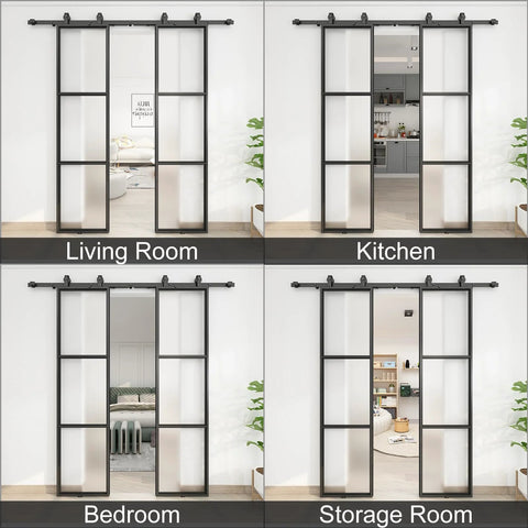 Two Sets Of 18 Inch By 84 Inch Three Paneled Frosted Glass Double Barn Doors With Carbon Steel Frame And Hardware Kit Soft Close Included Easy To Install shown in various rooms of a house.