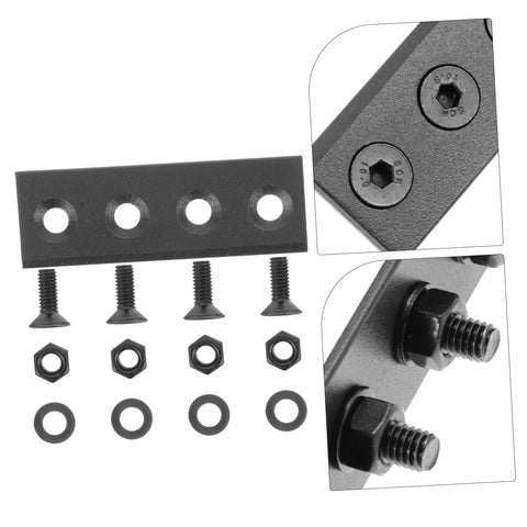 Heavy Duty Sliding Barn Door Hardware Track Connectors Repair Bracket Kit For No Fuss Easy Install Durable Fixing Plate And Adapter Seamless Rail Connection Compatible Barn Doors Rock Solid Quiet Corrosion Resistant, shown with screws and nuts detail.