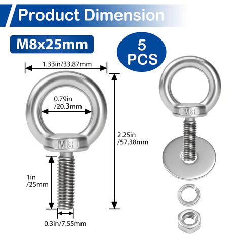 Built Tough 5 Pack M8 Stainless Steel Eye Bolts With Nuts And Washers, 1 Inch Thread Length, Rustproof 304 Stainless
