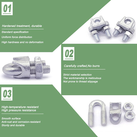 Zinc-plated wire rope clamps and U-bolt cable clips, 5/16 inch (M8), silver heavy-duty hardware