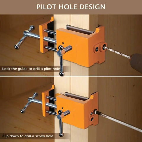 Beefy Pro Grade Cabinet Clamps For Precise Wood Joinery Alignment with built-in drilling guide on wood panel in use, orange