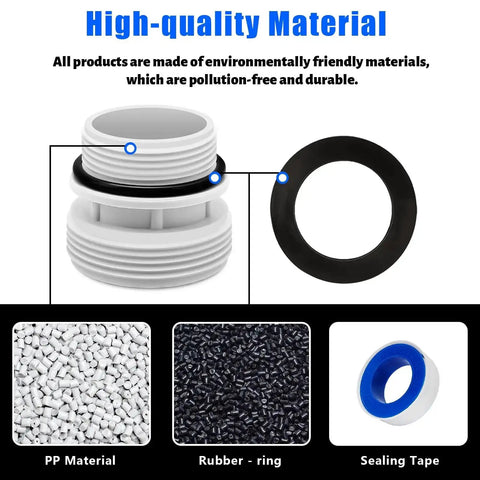 Close-up of 40Mm To 1-1/2 Inch Or 1-1/4 Inch Pool Hose Adapter Kit components, including PP material, rubber O-ring, and sealing tape.