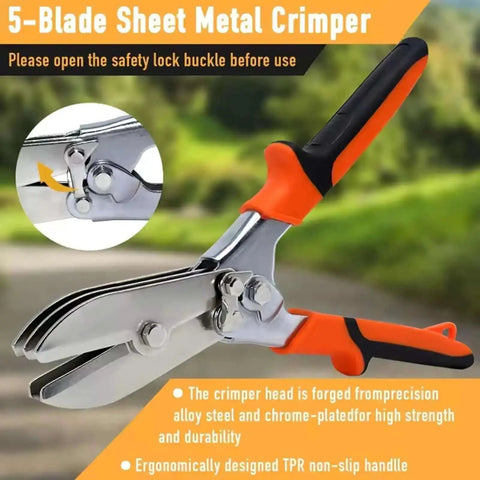 Five Blade Hand Crimper For Sheet Metal With Non Slip Grippy TPR Handle 24 28 Gauge Duct Crimper displayed on a stand