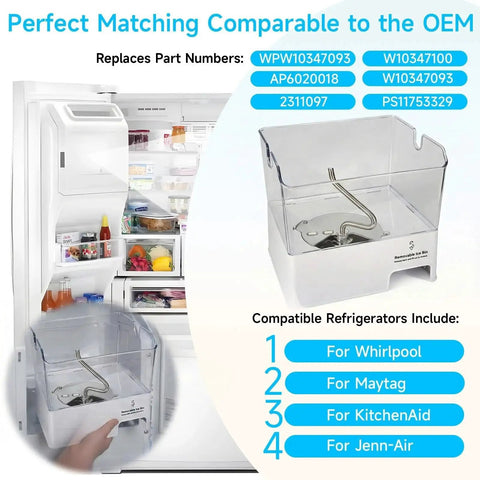 Removable ice bin for Whirlpool refrigerators, clear plastic, installed in the freezer.