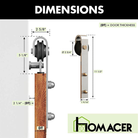 Brushed Nickel Non-Bypass Sliding Barn Door Hardware Kit For One Door, 7.5ft Flat Track System, Classic Roller Design, dimensions