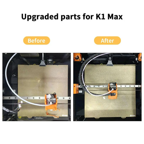 Before and after image of a 3D printer upgraded with K1 Max Drag Chain Cable Carrier for improved cable management.
