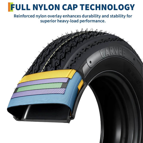 Close-up of a nylon cap layer on a Beefed Up Heavy Duty Trailer Tire and Wheel Assembly Set of 2 with 4.80-12 Bias Ply Tires.