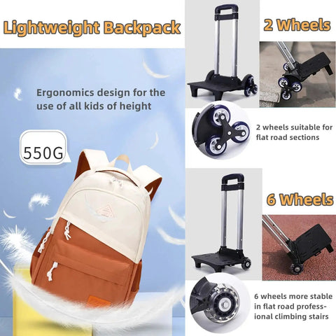 Rolling Backpack With Wheels For Kids Lightweight School Bag showing backpack, six-wheel and two-wheel trolley options.