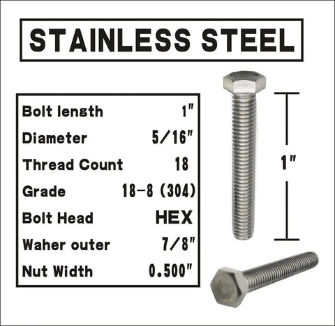 Heavy Duty Stainless Steel Hex Head Bolts Kit With Nuts And Flat And Lock Washers image showing bolt measurements and specifications.