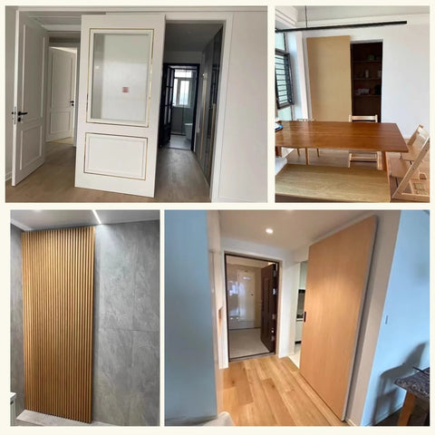 Rooms featuring 36 To 60 Inch Invisible Sliding Door Kit With Soft Close Trackless Black Mirrored Hardware Sleek No Track Look Ghost Door System For Wood Or Aluminum Framed Rooms Modern Space Saver For Homes And Studios.
