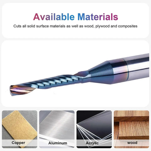 Precision One Eighth Inch Carbide O Flute Spiral Router Bit With Durable Coating for cutting copper, aluminum, acrylic, wood